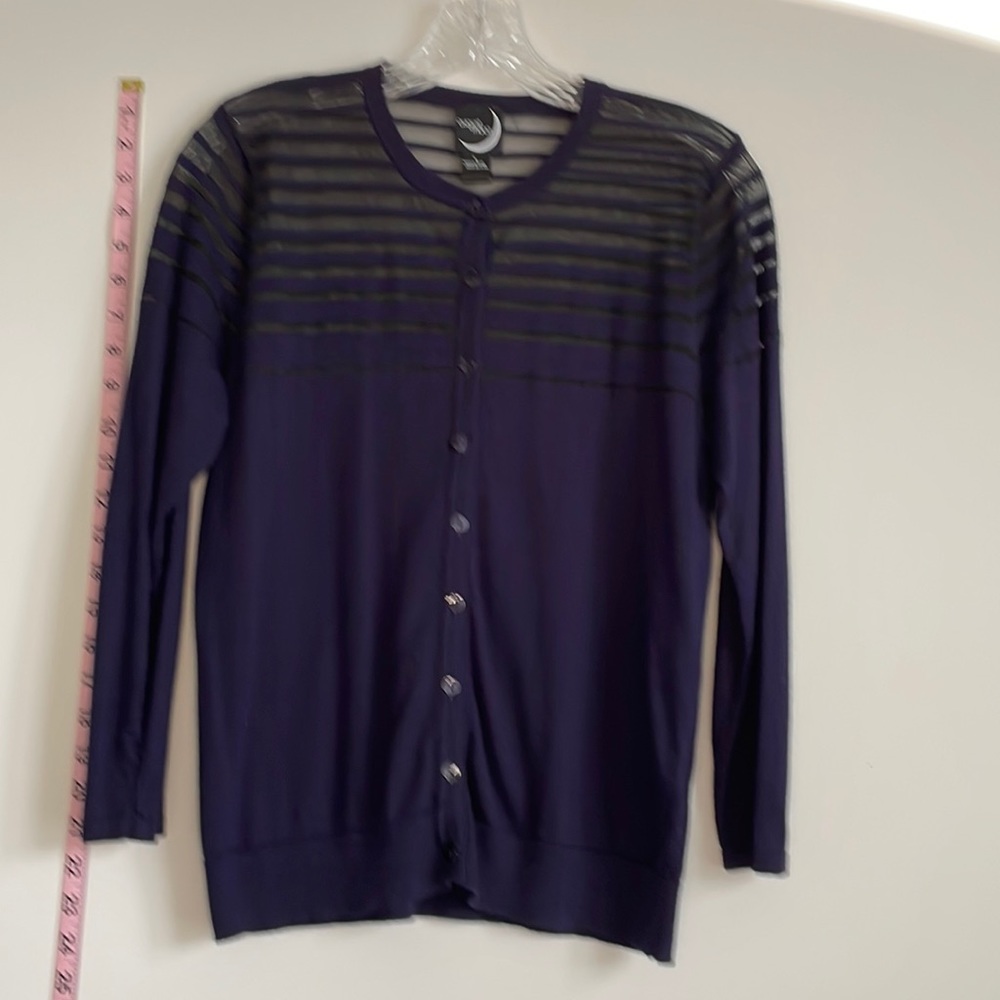 Navy Cardigan with Sheer Black Stripes at Shoulders